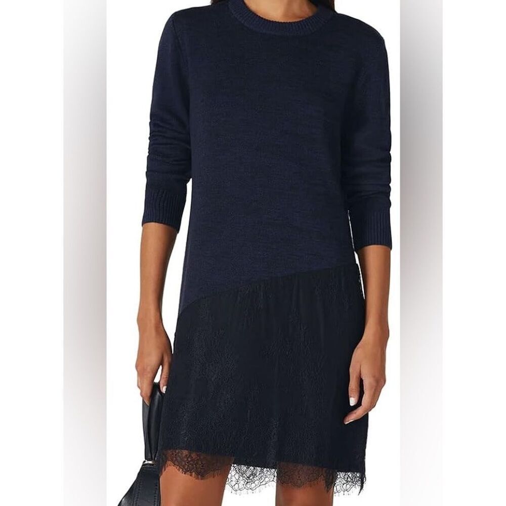 Thakoon Collective Eyelash Lace Trim Sweater Dress XL Black Casual Romantic